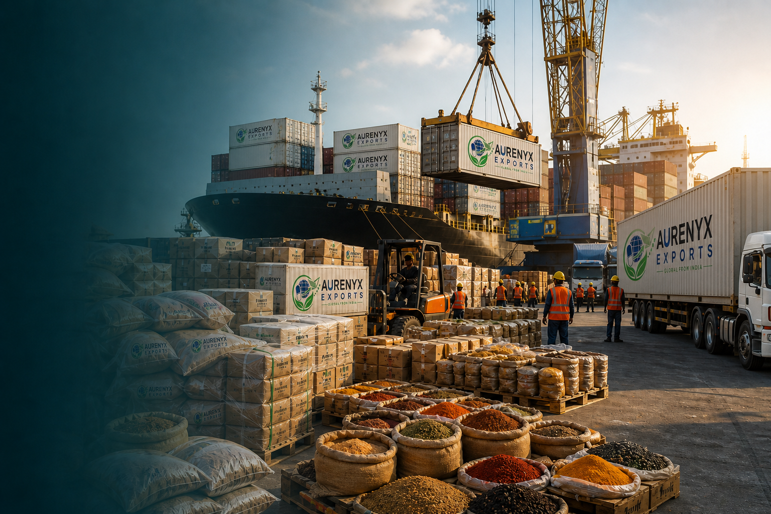 Port shipment yard with Aurenyx Exports containers ready for dispatch